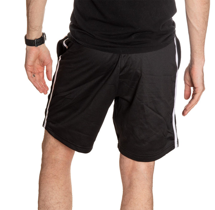 NHL Mens Official Team Two-Stripe Shorts- New Jersey Devils Full Back View Of Man Wearing Shorts