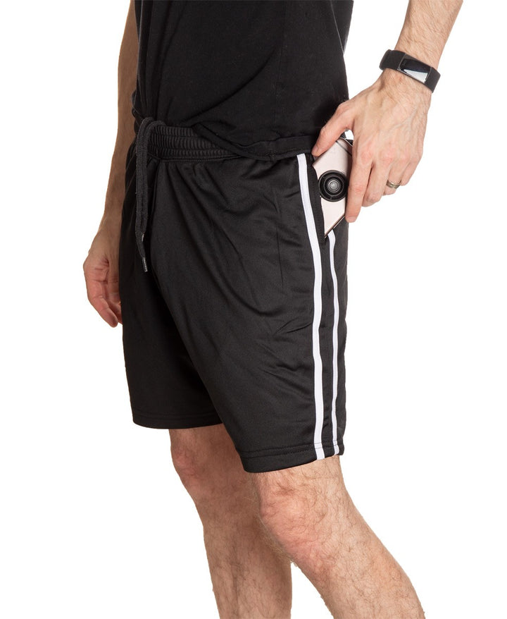 NHL Mens Official Team Two-Stripe Shorts- Boston Bruins Full Length Side Photo OF Man Wearing Shorts WIth Two Stripes And Mans Hands On Phone in Pocket