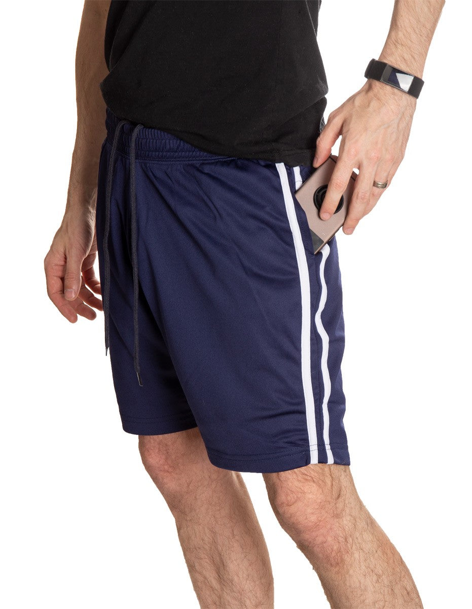 NHL Mens Official Team Two-Stripe Shorts- Montreal Canadiens Full Length Side View Photo Of Man With Hand On Phone In Pocket With Side Stripes 