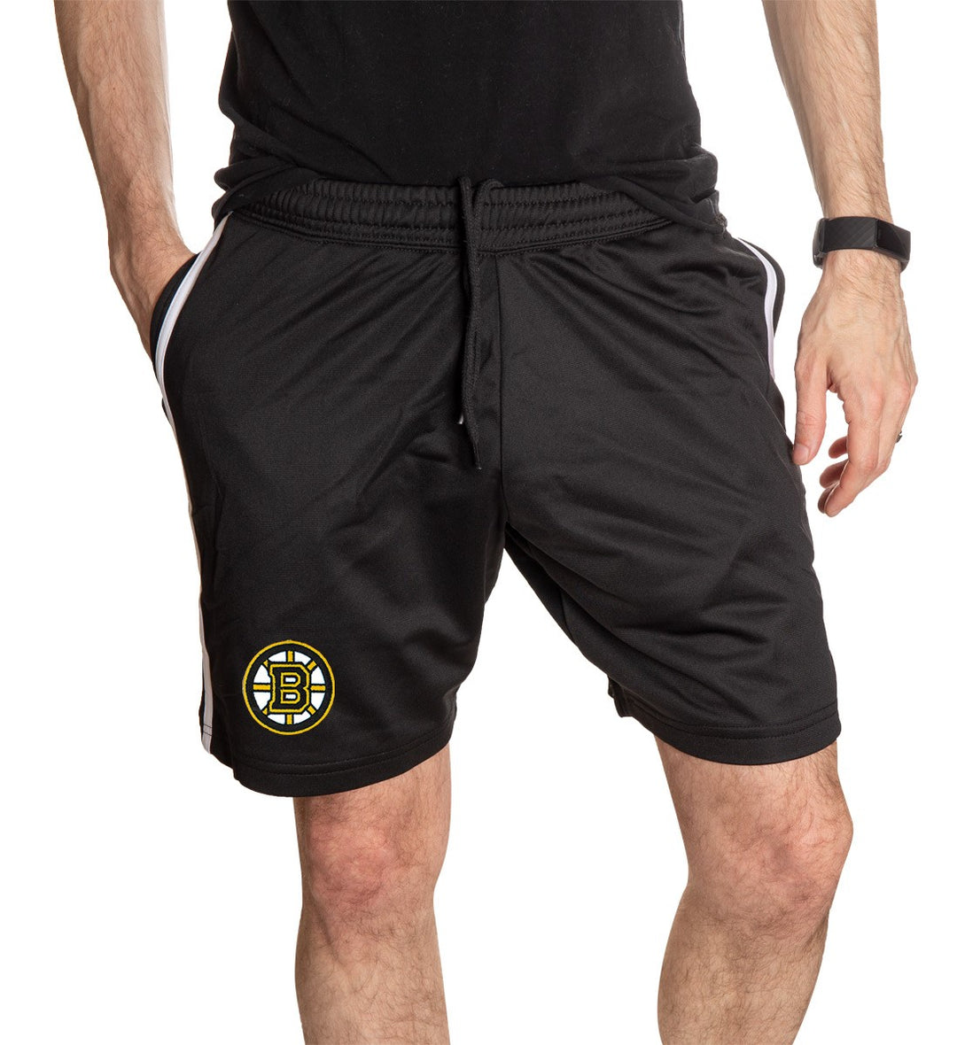 NHL Mens Official Team Two-Stripe Shorts- Boston Bruins  Full Length Photo WIth Mans Hand In Pocket 