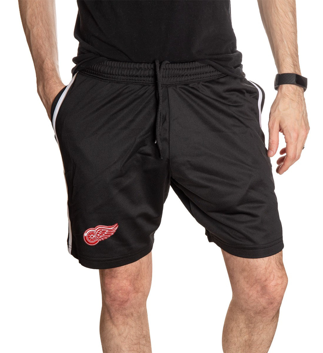 NHL Mens Official Team Two-Stripe Shorts- Detroit Red Wings Full Front Photo Of Man Wearing Shorts WIth Hand In Pocket