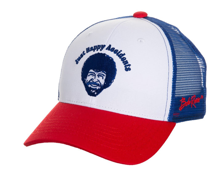 Officially Licensed Bob Ross "Just Happy Accidents" Ball Cap Full Front View With White and Blue Top and Red Brim
