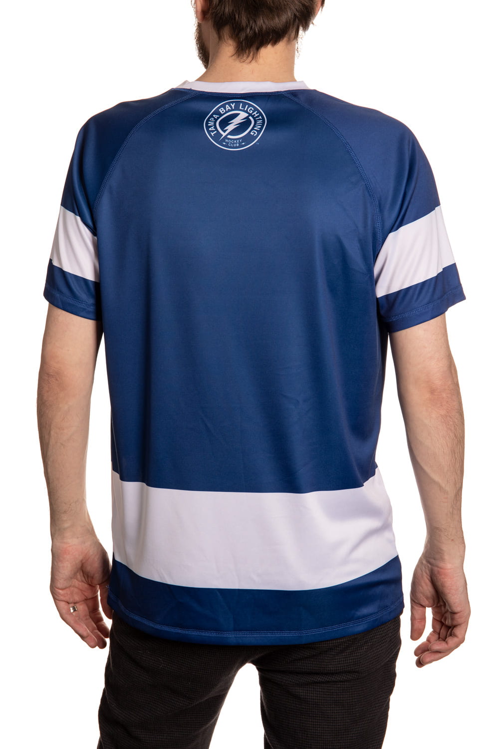 Tampa Bay Lightning Short Sleeve Rashguard Back View. Blue Shirt With Lightning Logo On Back Collar.
