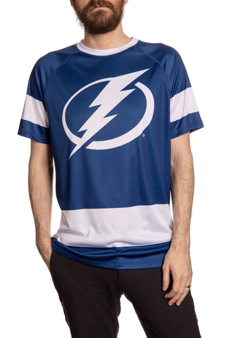 Tampa Bay Lightning Game Day Rashguard Front View. Blue Shirt With White Accents.