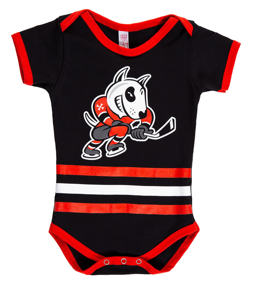 Niagara IceDogs Baby Onesie Front View. Black Onesie With Red Trim and Bones Logo On Middle Of Chest.