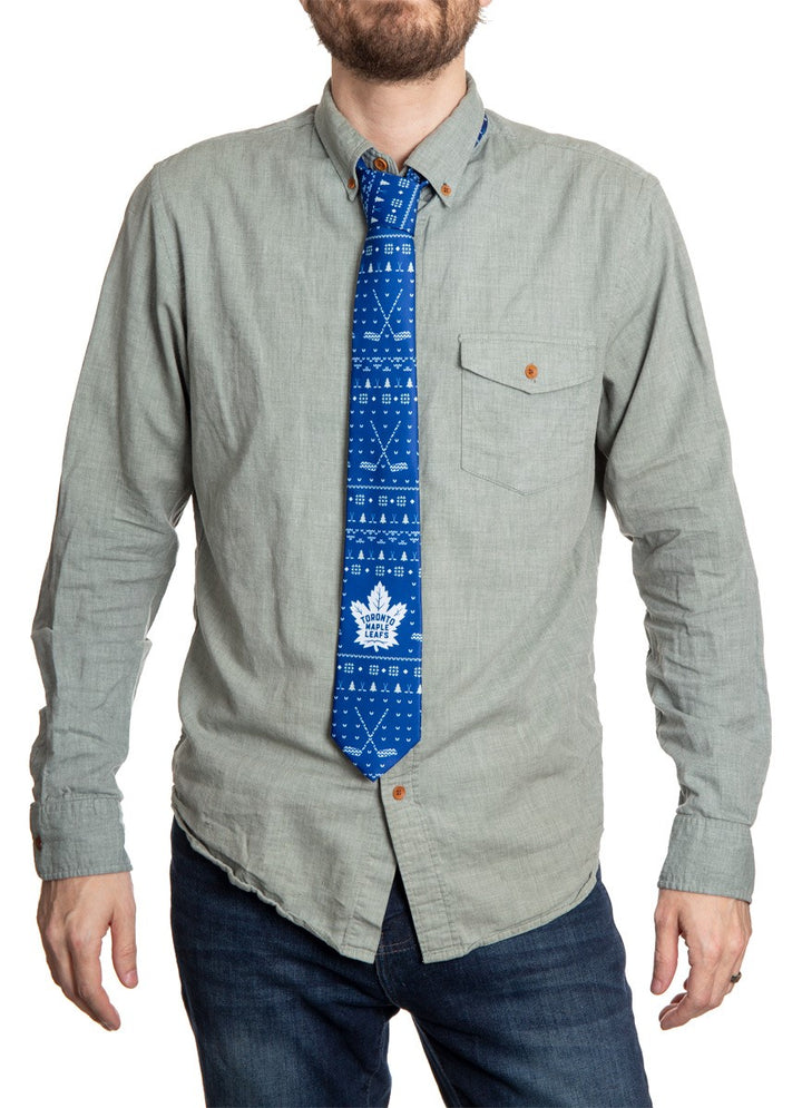 Toronto Maple Leafs Ugly Christmas Tie Modeled.