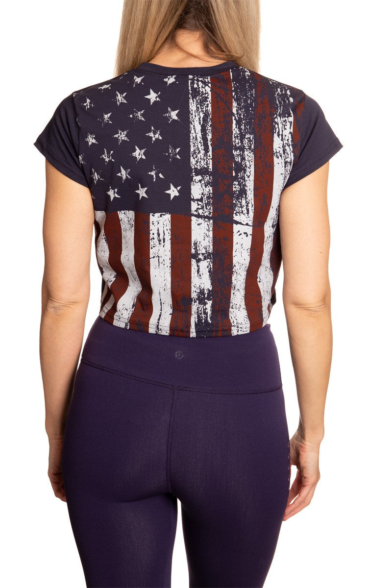 Ladies Soft Stretch Distressed American Flag Crop Top- Double Font  Back View Of Distressed Flag 