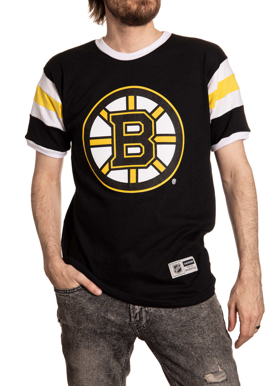 Boston Bruins Retro Varsity Inset Sleeve T-Shirt Front View