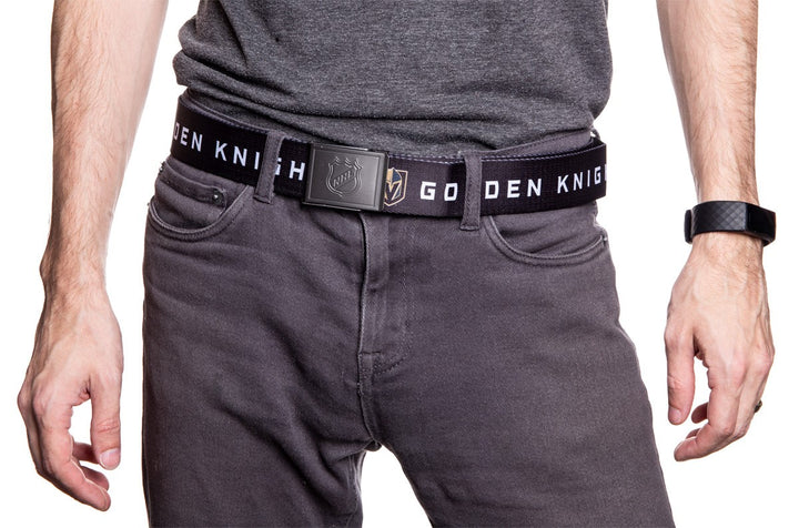 NHL Mens Woven Adjustable Team Logo Belt- Vegas Golden Knights- Man wearing belt front 