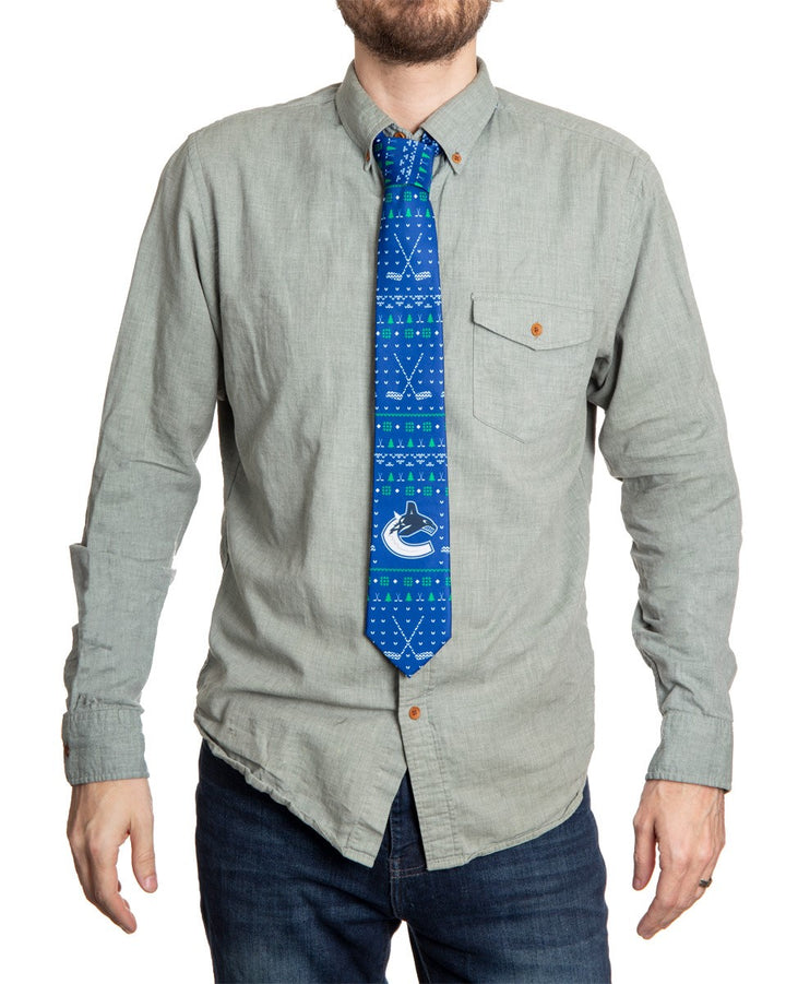 Vancouver Canucks Ugly Christmas Tie Modeled.