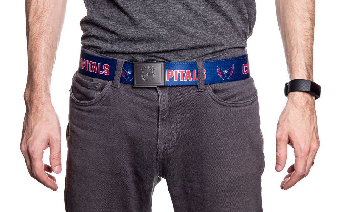 NHL Mens Woven Adjustable Team Logo Belt- Washington Capitals - Man wearing belt front 