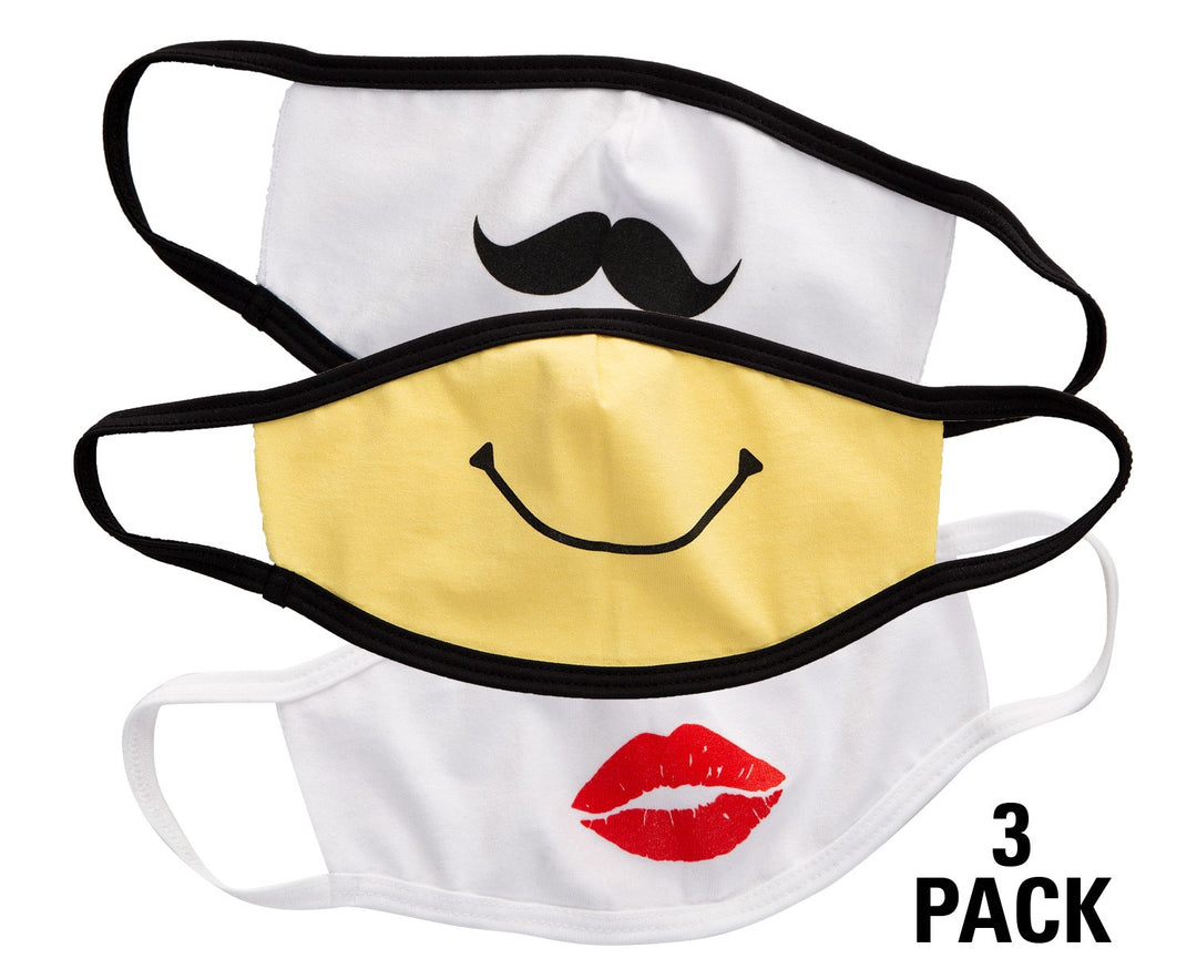 3 Pack of Face Masks, Smiley Face On Yellow Mask, Red Lips on White Mask, Black Mustache on White Mask.