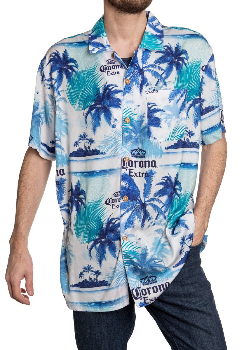 Men's Corona Extra Official Blue Palm Print Camp Shirt Full Front View With Buttons